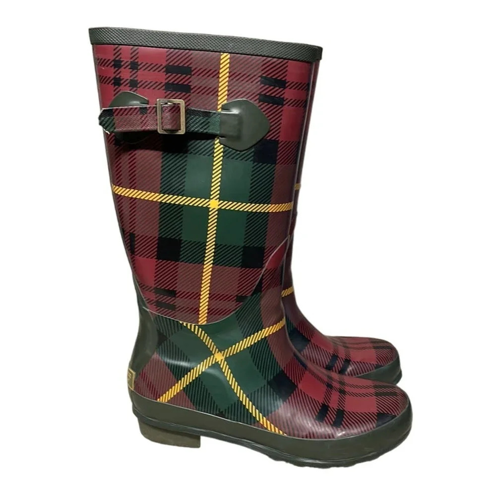 Women's LLBean Wellie Rain Boots‎ Black, Red Plaid Rubber Boots Size 7 - Picture 2 of 7